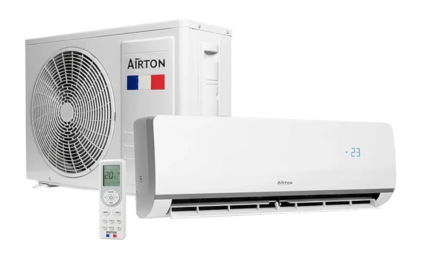 Climatiseur réversible Airton monosplit : unité extérieure, unité murale intérieure et télécommande